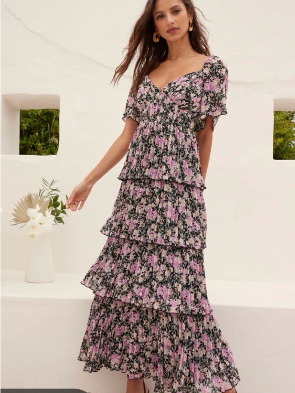 ASOS Pink and Black Floral Tiered Maxi Dress